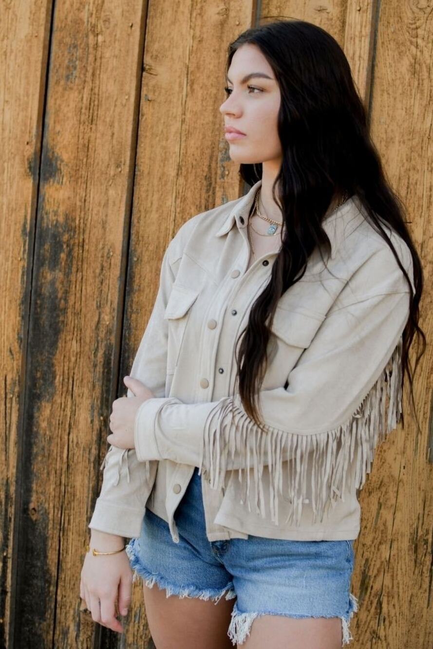 Faux Suede Taupe Fringe Western Jacket Women’s Stretch Medium